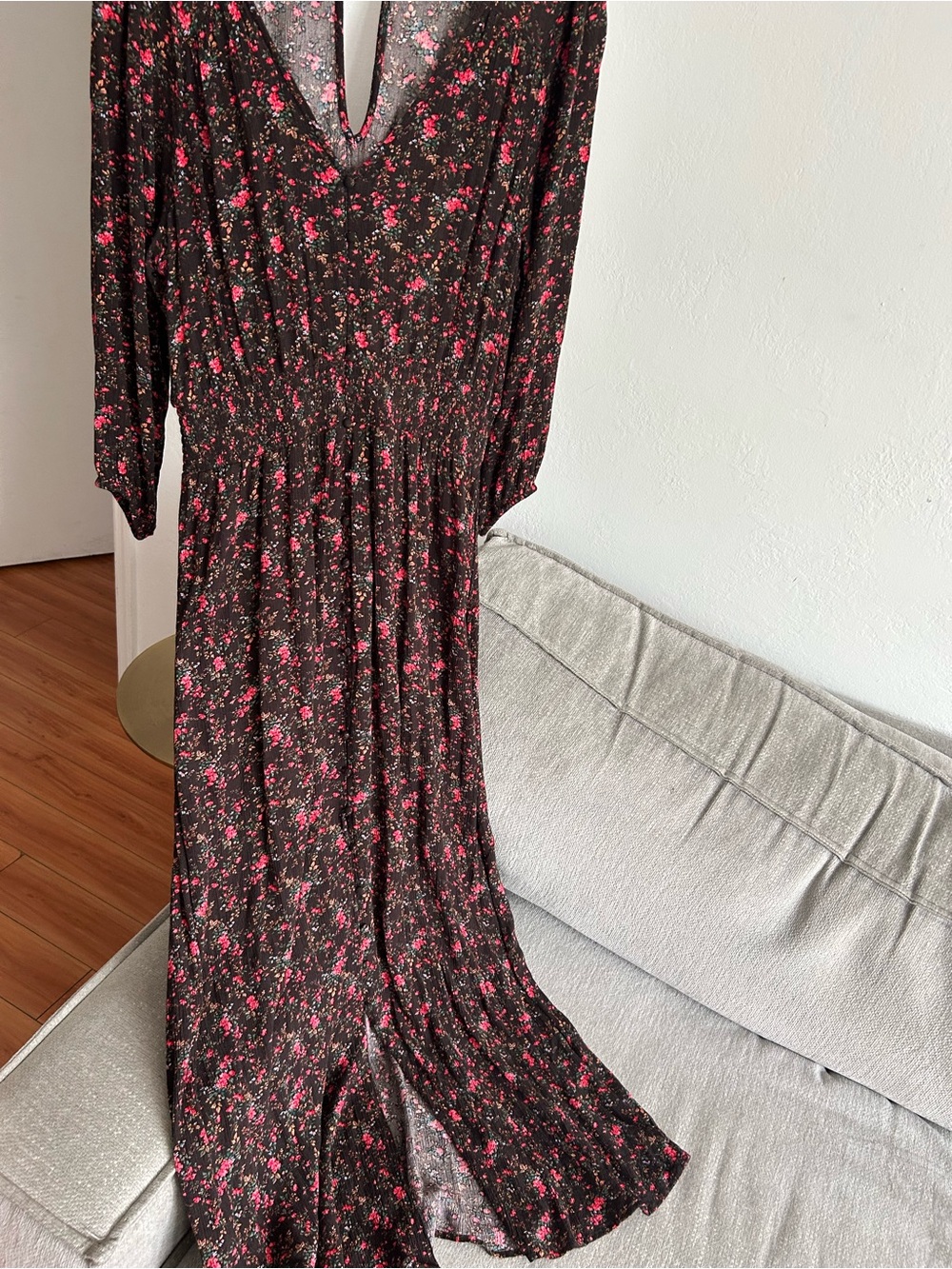 Floral Whimsigoth Smoked Waist Maxi Dress  Size Xl Cottage Dark Garden Buttons